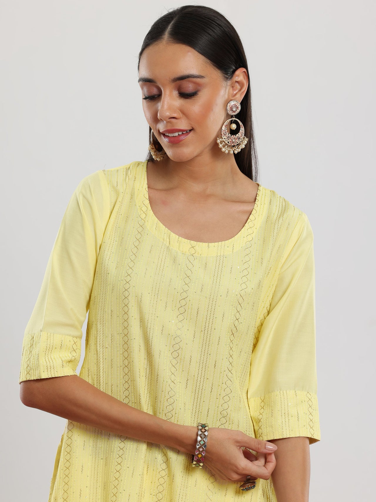 Yellow Self Design Silk Blend Straight Suit with Dupatta