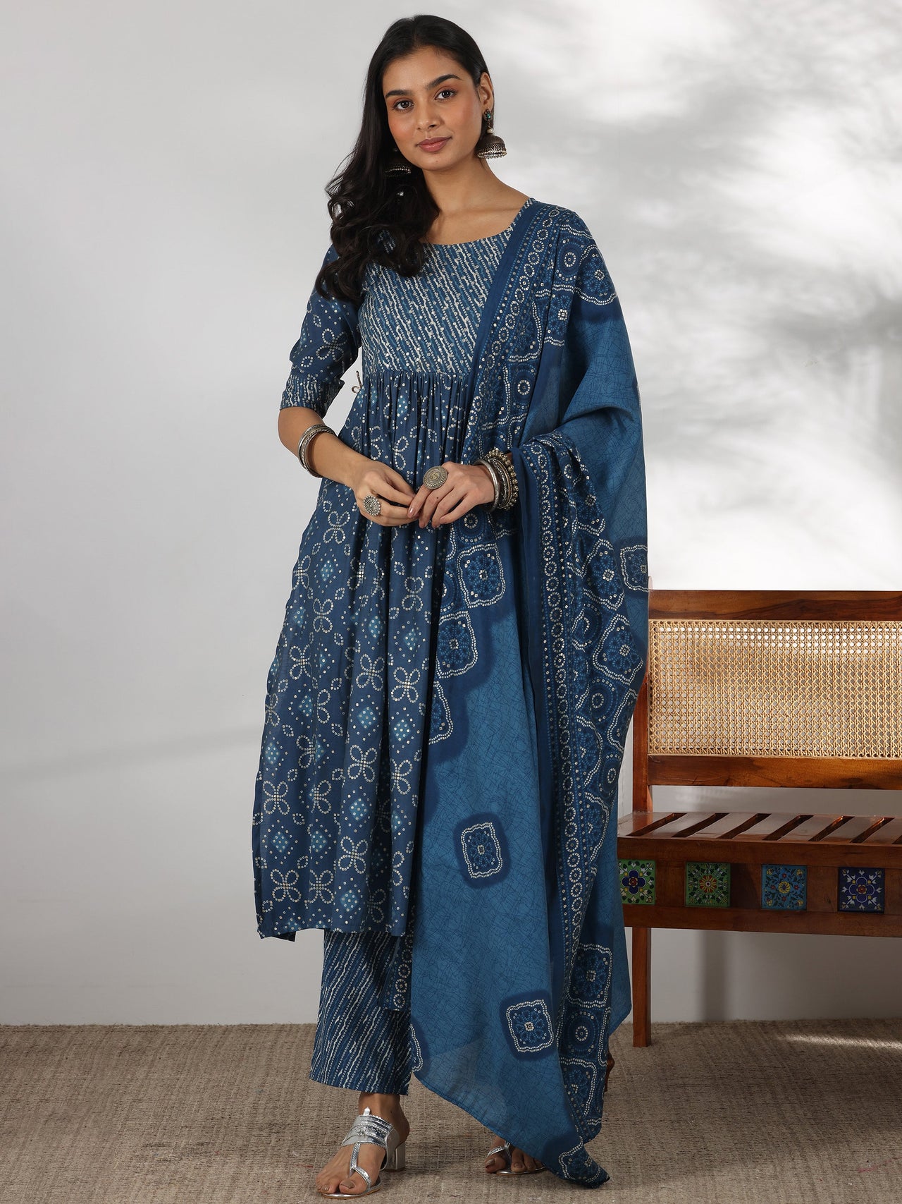 Blue Printed Silk Blend A-Line Kurta with Trousers & Dupatta
