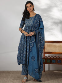 Blue Printed Silk Blend A-Line Kurta with Trousers & Dupatta
