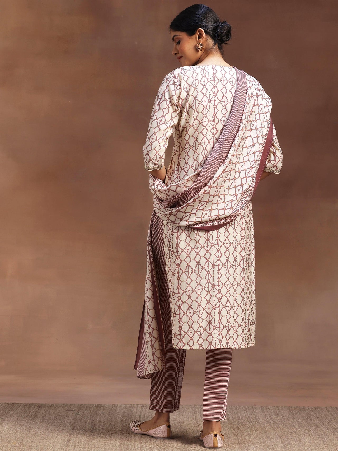 Off White Printed Silk Blend Straight Suit with Dupatta