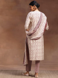 Off White Printed Silk Blend Straight Suit with Dupatta