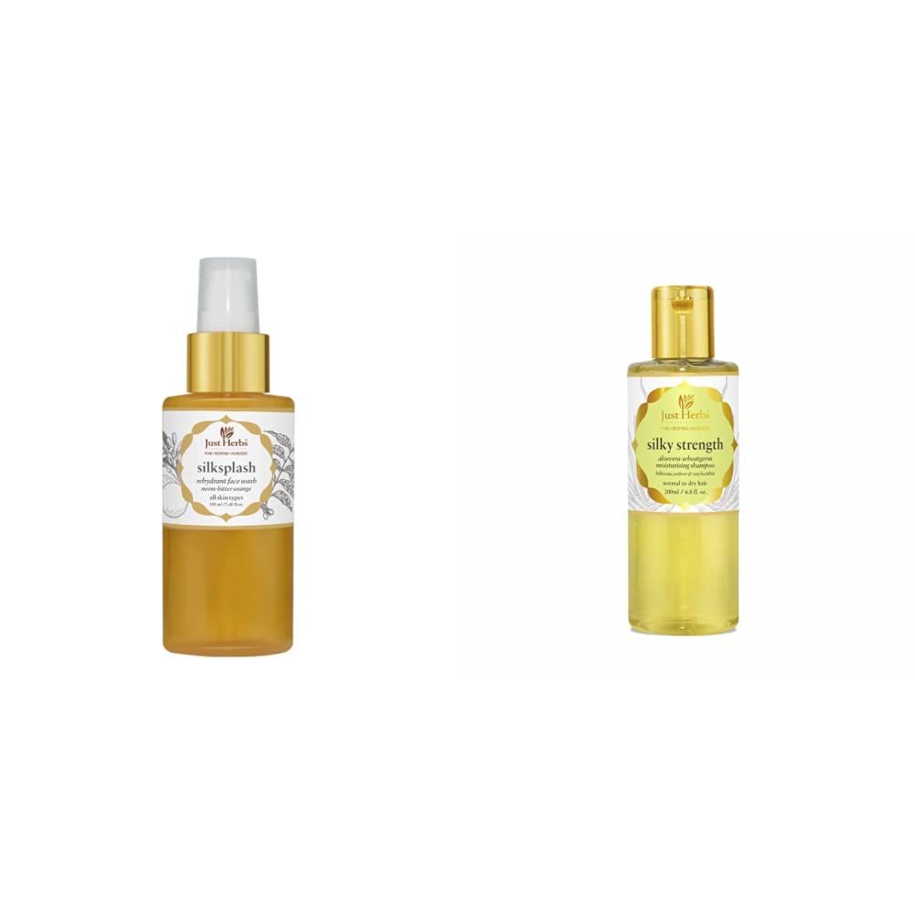 Just Herbs Silksplash Neem-Orange Rehydrant Face Wash, 100ml and Silky Strength Aloevera Wheatgerm Moisturising Shampoo, 200ml