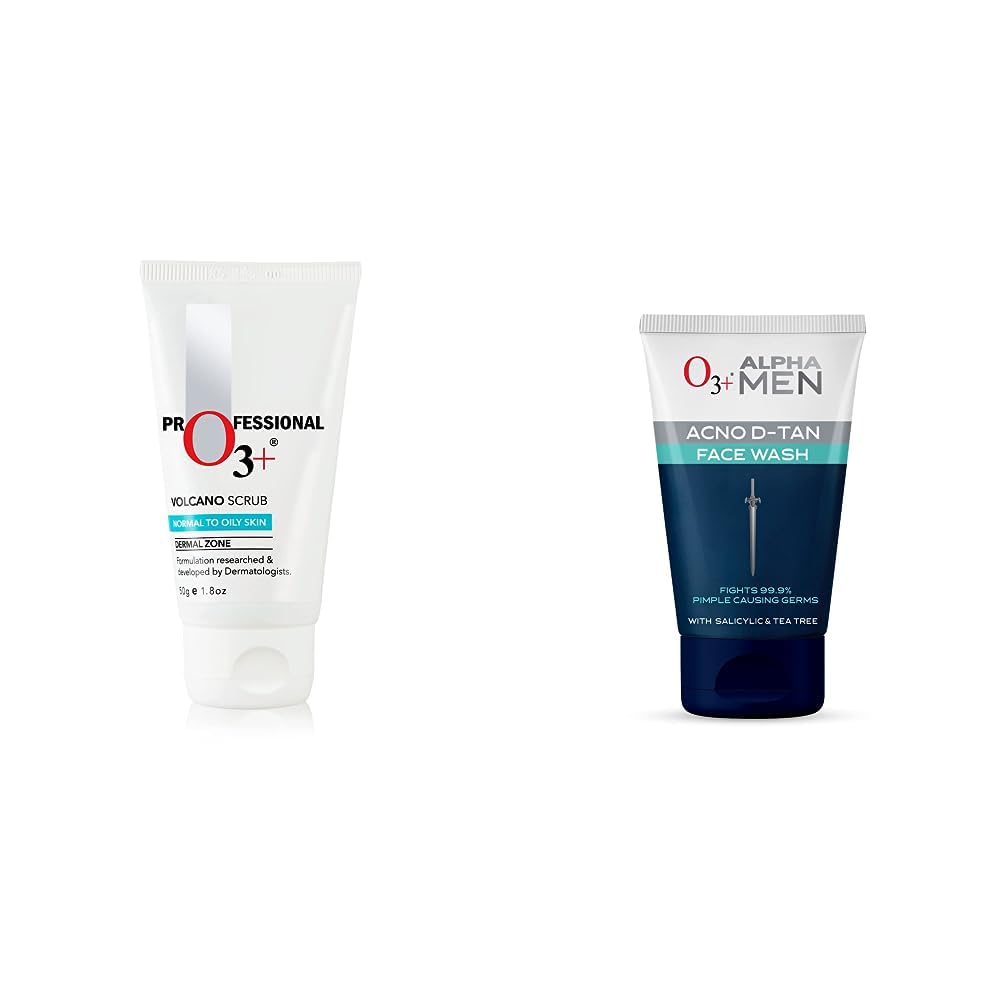 O3+ Volcano Scrub (50G) & O3+ ALPHA MEN Acno D-TAN Face Wash with Tea Tree 100g for Oily Skin Combo