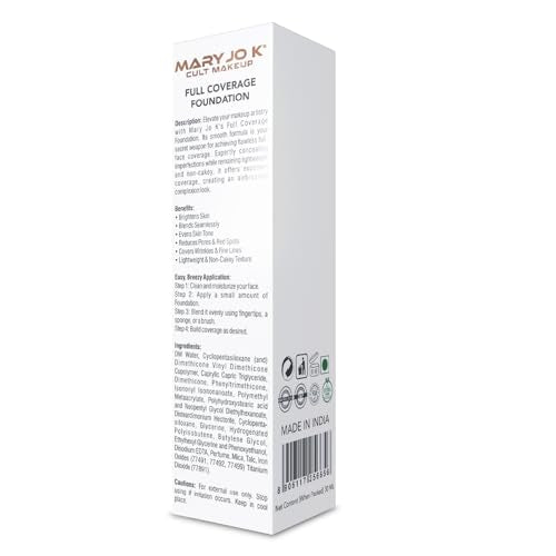 MARY JO K Full Coverage Foundation 01 – High Coverage, Long-Wearing Formula for a Flawless Complexion – Customizable, Matte & Radiant Finish – [30ml]
