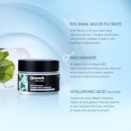 Quench 92% Snail Mucin Collagen Boost Moisturizer with Niacinamide & Hyaluronic Acid | 48 Hours Hydration | Formulated & Made in Korea | Makes Skin Dewy Soft & Plump | Fades Dark Spots (50ml)