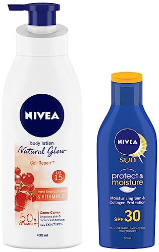 Nivea Body Lotion, Extra Whitening Cell Repair SPF 15, For All Skin Types, 400ml & Sun, Moisturising Lotion, SPF 30, 125ml