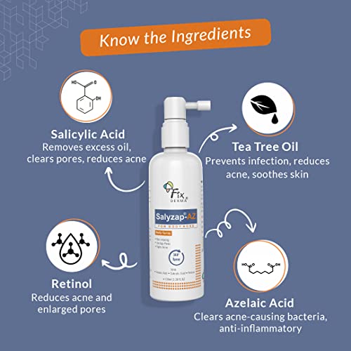 FIXDERMA Salyzap-Az 2% Salicylic Acid + 2% Azelaic Acid Body Acne Treatment Unscented Spray For Acne On Body Parts Like Back, Upper Arms | Paraben Free | Unclog Pores - 100Ml