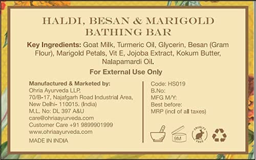 Ohria Ayurveda Haldi, Besan & Marigold Bathing Bar | Gentle Cleansing, Hydrating & Nourishing Soap | Enriched with Turmeric, Gram Flour & Marigold Extract | Ideal for All Skin Types - 120g
