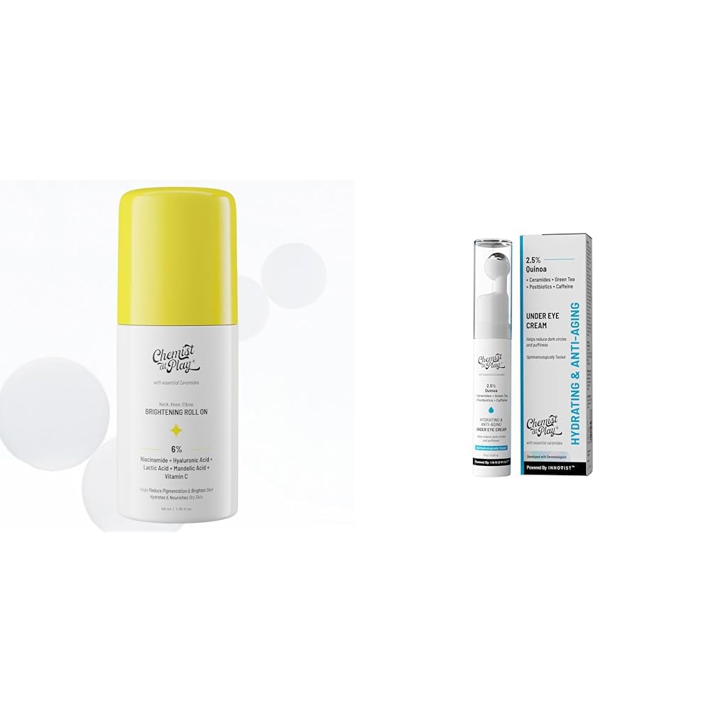 Chemist At Play Brightening & Whitening Roll On Serum For Neck, 40ml + Under Eye Cream with 2% Revital Eye & Quinoa Extract Cooling Gel & Roller for Men & Women | 15 g