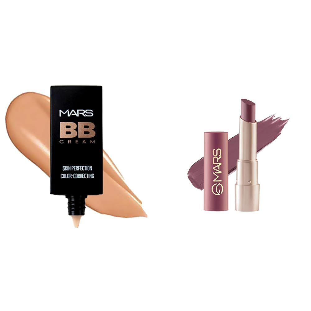 MARS BB Cream Lightweight Foundation | Blendable BB Cream for Women | Colour Correction for All Skin Types (30 ml) (Biscuit) Creamy Matte Long Lasting Lipstick for Women (3.2 gm) (17-Sultry Samba)