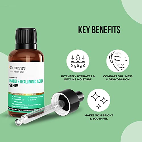 Dr. Sheth's Haldi & 2% Hyaluronic Acid Face Serum | With 1% Niacinamide 0.1% Collagen Peptide | For Intense Hydration, Plump & Bouncy Skin | For Normal, Dry & Oily Skin | Women & Men | 30 mL