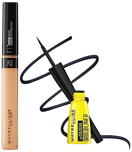 Maybelline New York Fit Me Liquid Medium Coverage Natural Concealer For All Skin Types,25 Medium, 6.8Ml & New York Colossal Bold Eyeliner, Black, 3G, 2 Count
