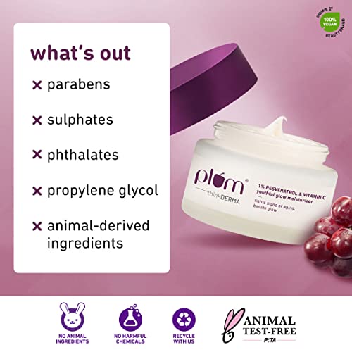 Plum 1% Resveratrol & Vitamin C Youthful Glow Moisturizer Cream | Fights Signs Of Ageing | Enhances Collagen Production | Boosts Glow | Lightweight & Quick-Absorbing | 100% Vegan | 50G