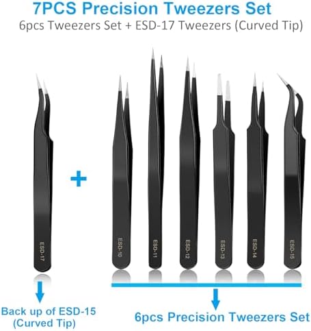 YHYZ 7pcs Precision Tweezers Set, Premium Anti - Static Stainless Steel ESD Tweezers Set Kit for Electronics, Sodlering，Jewelry, Craft, Laboratory Work, DIY