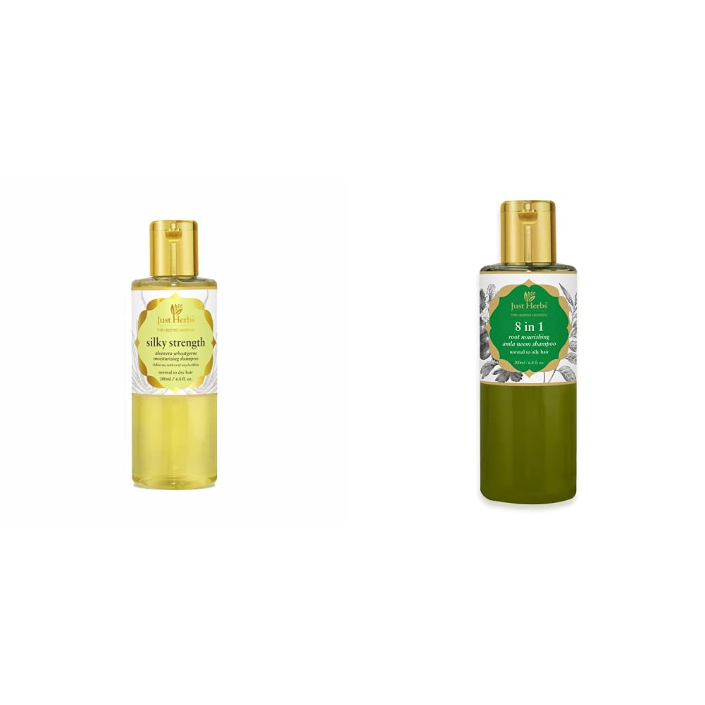 Just Herbs Silky Strength Aloevera Wheatgerm Moisturising Shampoo, 200ml and 8 in 1 Root Nourishing Amla Neem Shampoo, 200ml