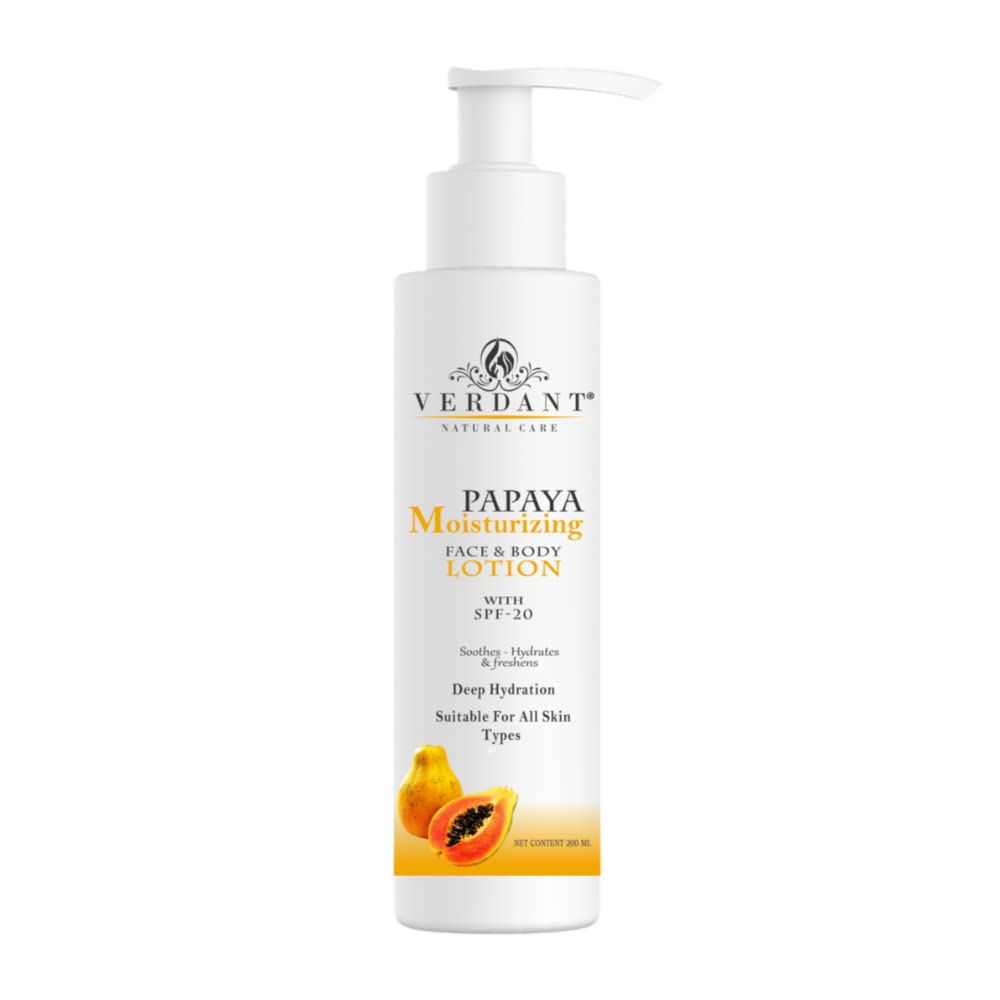 Verdant Natural Care Advanced and Deep Hydration, Moisture, Nourishing & Skin Brightening Papaya Body Lotion with SPF 20 and Papaya Extract - No Parabens, Sulphates - 200 ml