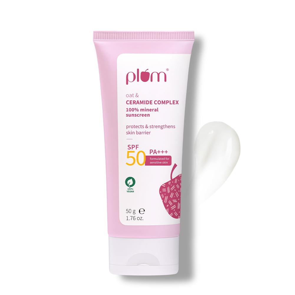 Plum Oat & Ceramide Complex100% Mineral Sunscreen | SPF 50 PA+++ | For Sensitive Skin | Strengthens Skin Barrier | Sun Protection From UVA/B Rays | Lightweight, Non-Oily | Men & Women | 50g