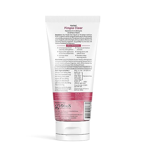 Globus Naturals Herbal Pimple Clear Glycolic & 1% Salicylic Acid Face Wash, Enriched With Orange & Almond, For Oily & Acne Prone Skin, 75 gm