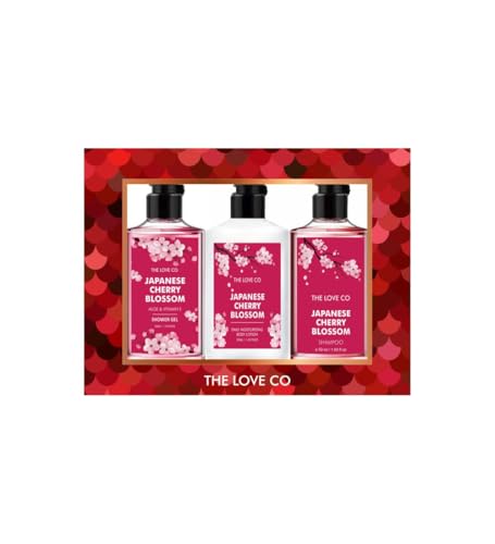 THE LOVE CO. Japanese Cherry Blossom Gift Collection| Indulge in Travel Pack Shower Gel, Body Lotion & Shampoo | Ideal Birthday & Special Occasion Hamper - Pack of 3
