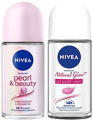 NIVEA Women's Deodorant Roll-On, Whitening Smooth Skin, 50Ml And Deodorant Roll On, Pearl & Beauty, 50Ml, 2 count