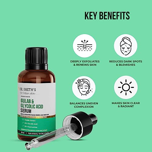 Dr. Sheth's Gulab & 6% Glycolic Acid & 5% Niacinamide Instant Brightening Face Serum | Improves Skin Texture & Uneven Skin | Normal to Oily Skin | Sensitive Skin | 30ml