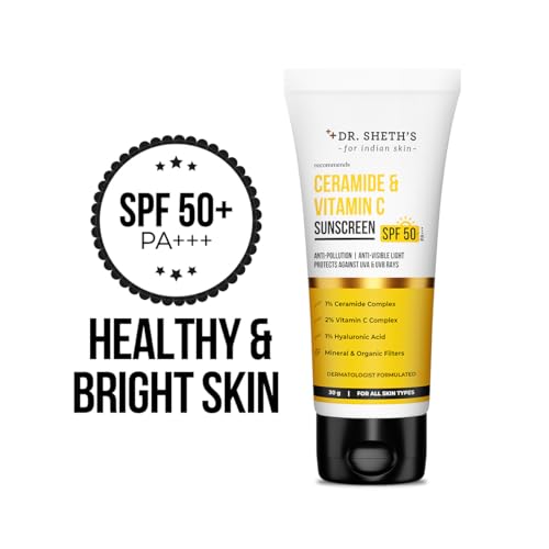 Dr. Sheth's Ceramide & Vitamin C Sunscreen | SPF 50+ Pa+++ | In-Vivo Tested | For Bright Skin & Healthy Glow | Non-Greasy, Quick-Absorbing, No White Cast | UVA/B & Bluelight Protection | For Men & Women | For All Skin Type | 30 g