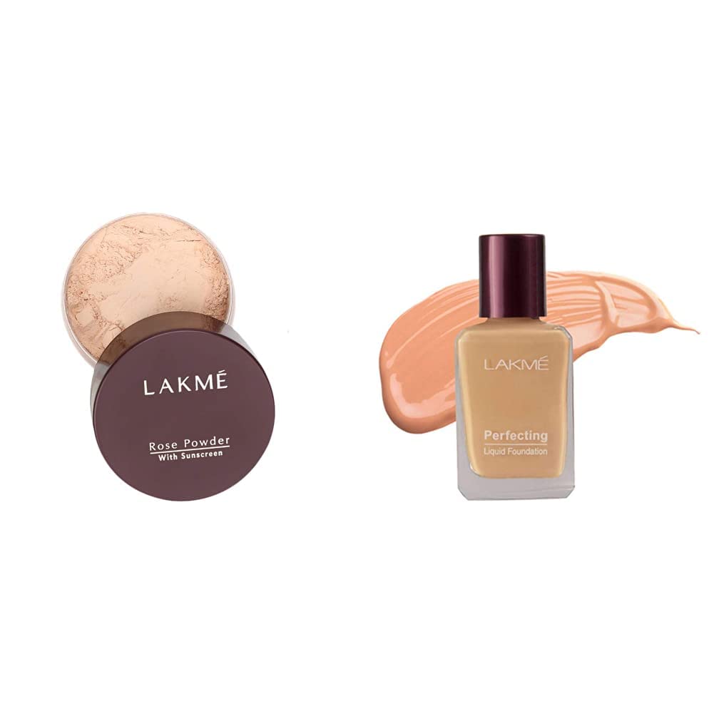 Lakmé Rose Face Powder For Oily Skin Type, Natural Finish, Soft Pink, 40g And Perfecting Liquid Foundation, Pearl, 27ml