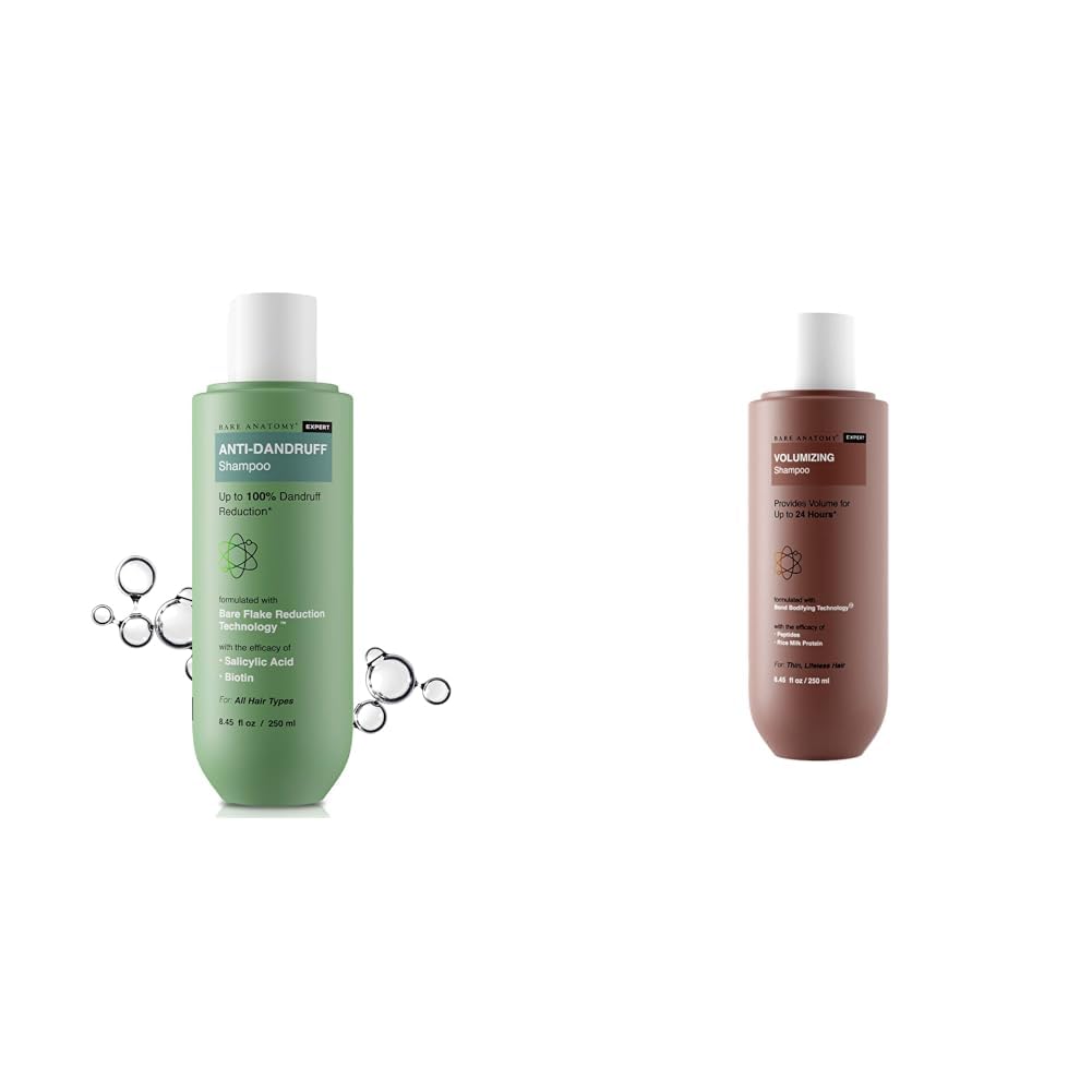 Bare AnatomyEXPERT Anti-Dandruff Shampoo | Targets Oily Scalp and Sheds Dry Flakes 250ml + Volumizing Shampoo, Powered By Peptides & Rich Milk Protein, Strong & Bouncy Hair 250ml