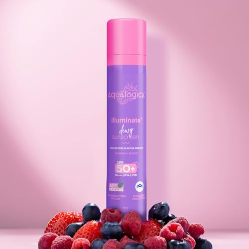 Aqualogica Illuminate+ Dewy Sunscreen Gel SPF 50+ PA++++ with Wild Berries & Alpha Arbutin | Broad Spectrum SPF 50+ PA++++ | UVA/B & Blue Light Protection | Evens Skin Tone | Fragrance-Free & No White Cast | For Luminous & Sun Protected Skin | 50 g