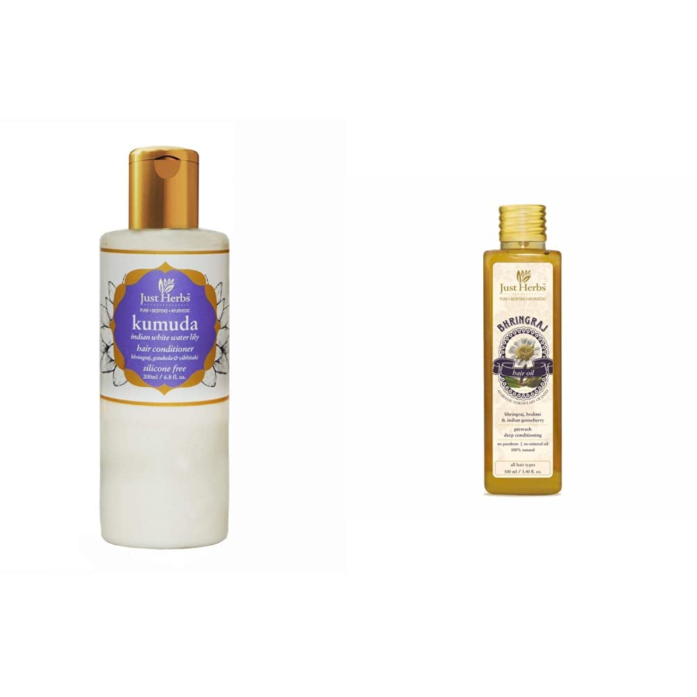 Just Herbs Ayurvedic Kumuda Indian White Waterlily Silicone free Hair Conditioner, For all Hair Type, Sulphate & Paraben Free - 200 ML & Just Herbs Bhringraj Oil | 100% Natural & Certified Ayurvedic