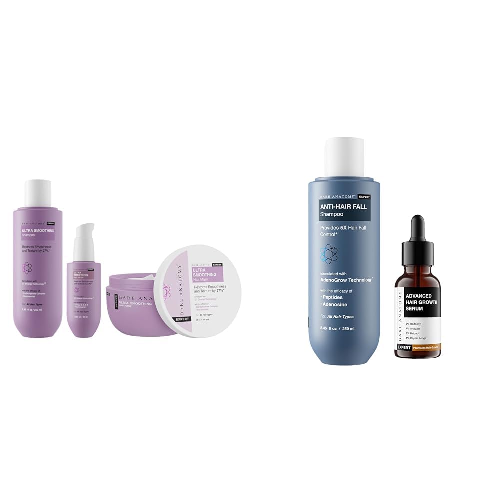 Bare Anatomy Ultra Smoothing Shampoo + Hair Mask + Serum Kit| Women & Men | 250ml + 250g + 50ml Anti Hair Fall Shampoo 250ml 3% Redensyl + 4% Anagain + 3% Baicapil + 1% Capilia Longa 30mL
