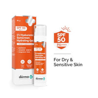 The Derma Co 1% Hyaluronic Sunscreen Hydrating Gel SPF 50 PA++++ | For Dry, Sensitive Skin | Lightweight Texture | No White Cast | UVA/UVB, Broad Spectrum Protection & Blue Light Protection | Non- Comedogenic | Clinically Tested - (In -Vivo) | Tan Protect