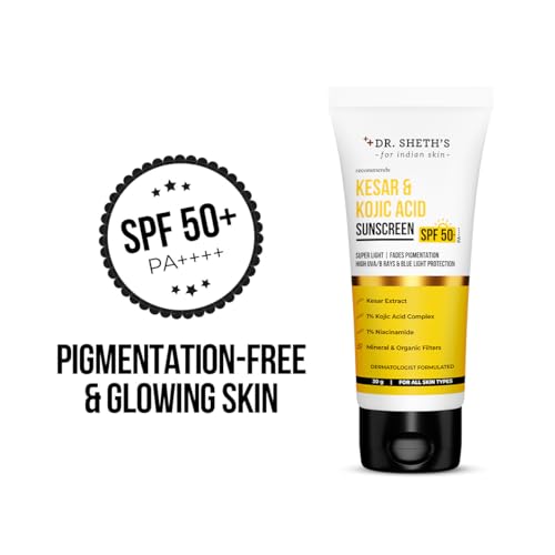 Dr. Sheth's Kesar & Kojic Acid Sunscreen with SPF 50 Pa++++ | For Pigtation-Free Skin | No White Cast & Light Weight | For Daily Moisturization | For All Skin Types | 30 g