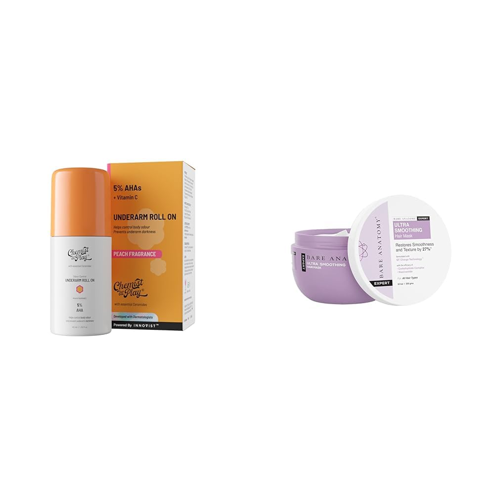 Chemist at Play UnderArm Roll-On with 5% AHA, Lactic Acid & 1% Mandelic Acid - 40ml and Bare Anatomy Ultra Smoothing Hair Mask For Dry & Frizzy Hair For Women & Men | 250ml