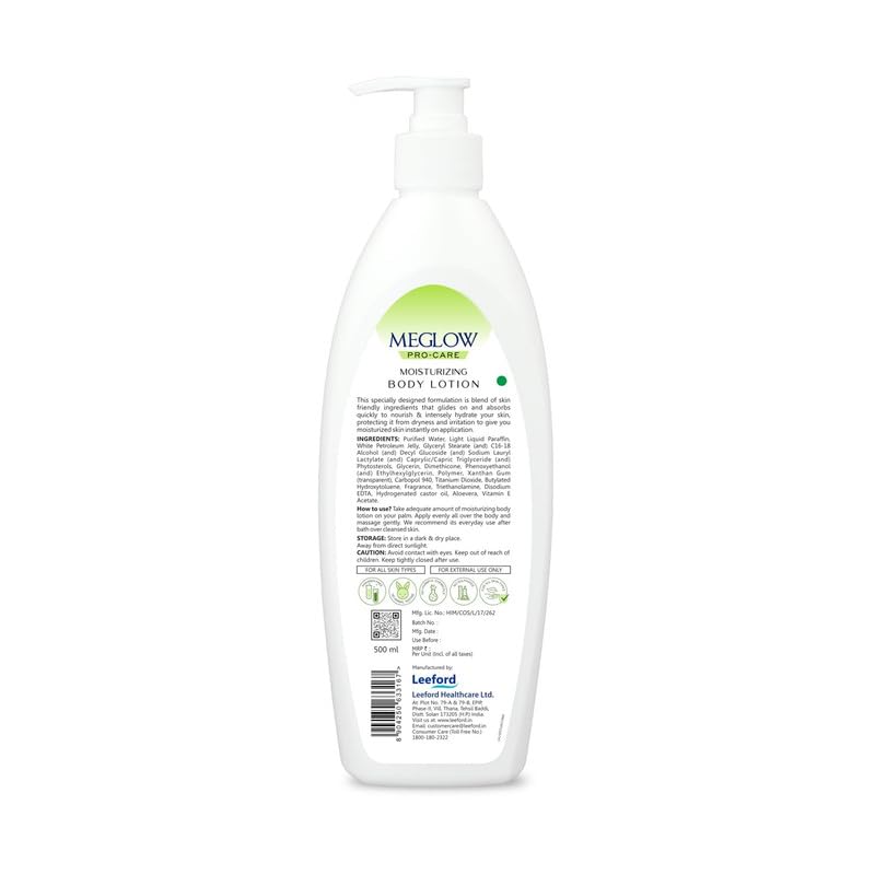 Meglow Pro-Care Moisturizing Body Lotion | Refreshing Aloe Vera Moisturizer for Women & Men for All Skin Types | Hydrating Moisturizer -500ml