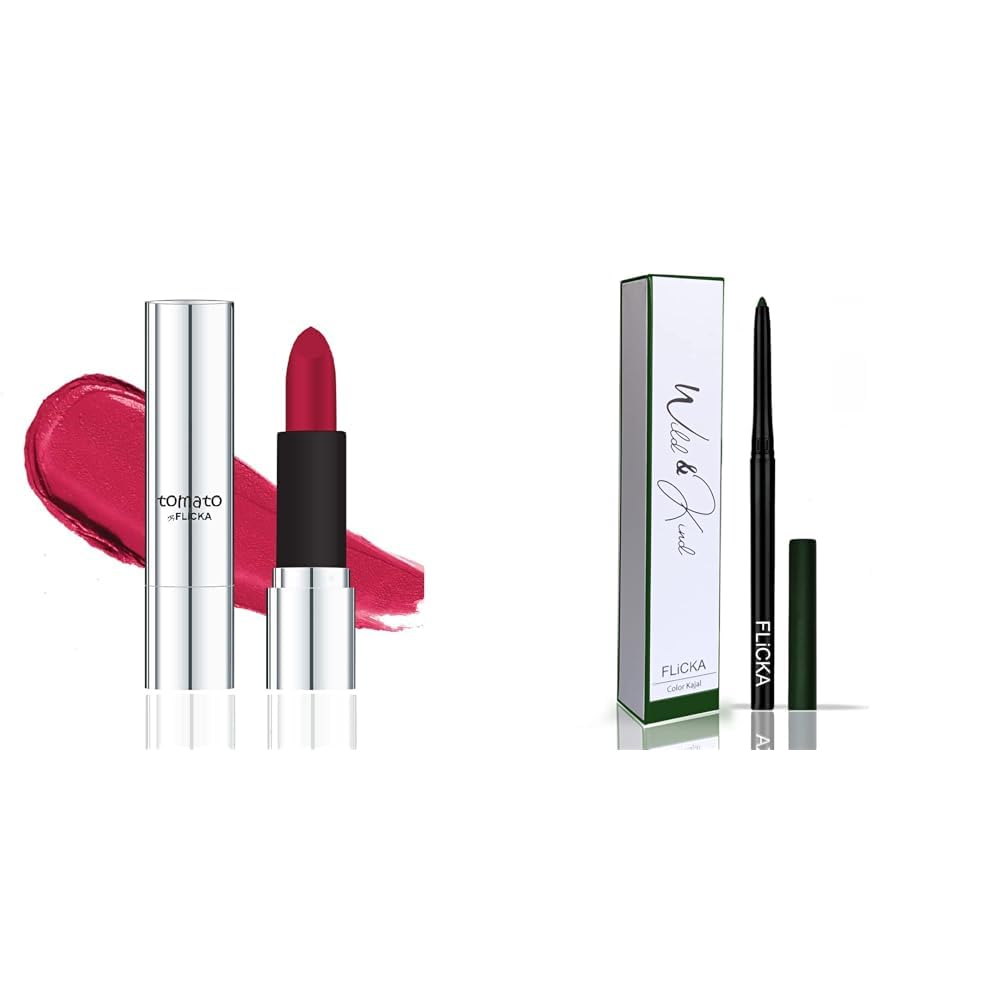 FLiCKA Tomato Bullet Matte Lipstick| Nontransfer Lipstick, Waterproof, Hydrating, Moisturizing, Upto 6Hrs, Shade 03, 4g Wild & Kind Twist Kajal Pen 04 Green Treasure Waterproof & Long Lasting 0.30gm