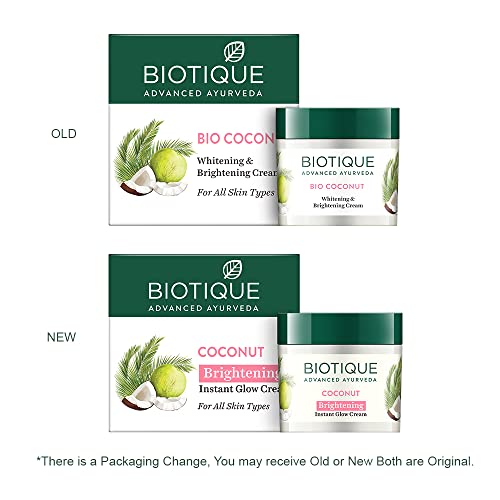 Biotique Coconut Brightening Instant Glow Cream| Lightweight and Non-Greasy | Reduces Dark Spots and Protects Ageing | Nourished and Moisturized Skin |100% Botanical Extracts| All Skin Types | 50gm