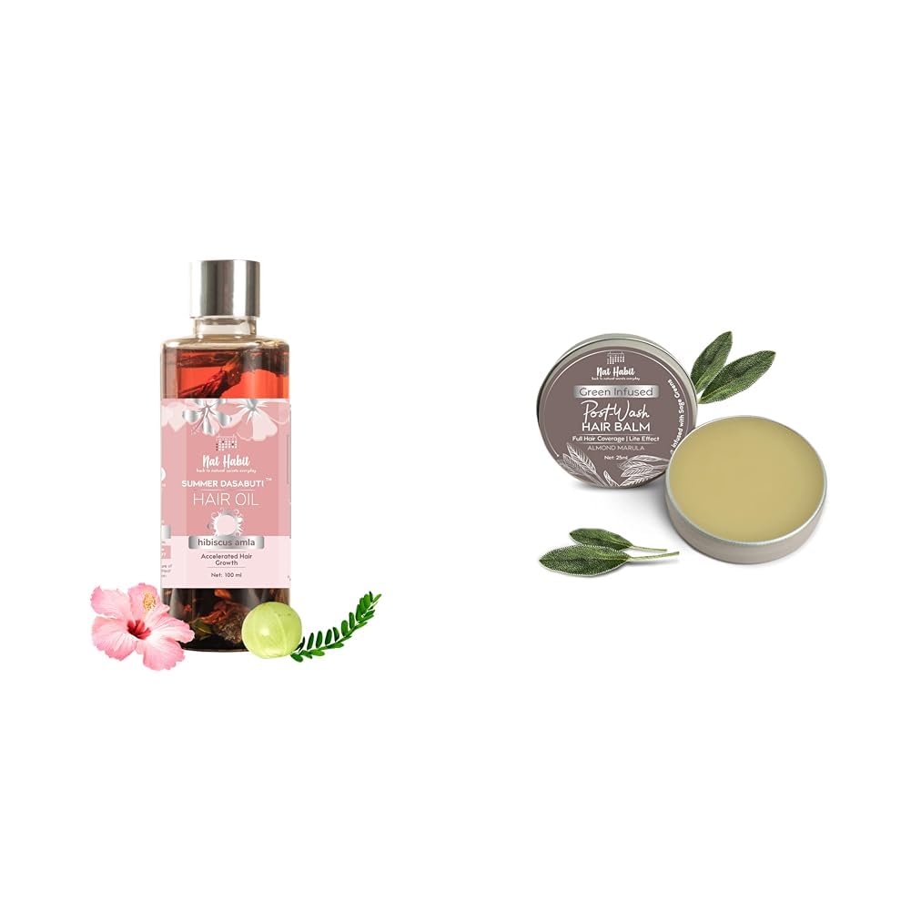 Nat Habit Hibiscus Amla Hair Oil 100ml & Almond Marula Hair Balm Combo For Hair Growth & Hair Fall Control