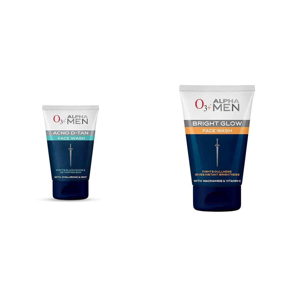 O3+ ALPHA MEN Acno D-TAN Face Wash with Hyaluronic & Mint & O3+ ALPHA MEN Bright Glow Face Wash 50g Combo