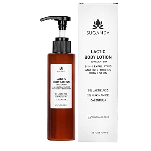 SUGANDA SKINCARE 5% Lactic acid unscented Exfoliating Body Lotion|Moisturizer with Niacinamide,Shea butter & Calendula oil|For strawberry skin,improving skin texture & brightening (200ml)|Cruelty-free