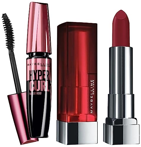 Maybelline New York Hypercurl Mascara Waterproof, Black, 9.2Ml And Maybelline New York Color Sensational Creamy Matte Lipstick, 695 Divine Wine, 3.9G