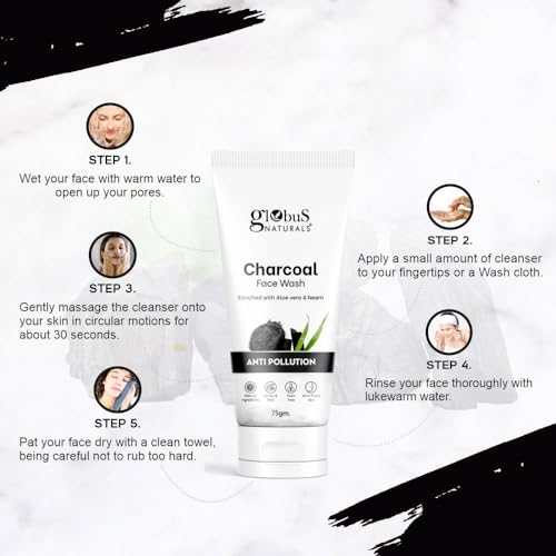 Globus Naturals Anti Pollution Charcoal Face Wash, Enriched with Tea Tree Oil, For Oily & Acne Prone Skin, 75 gm