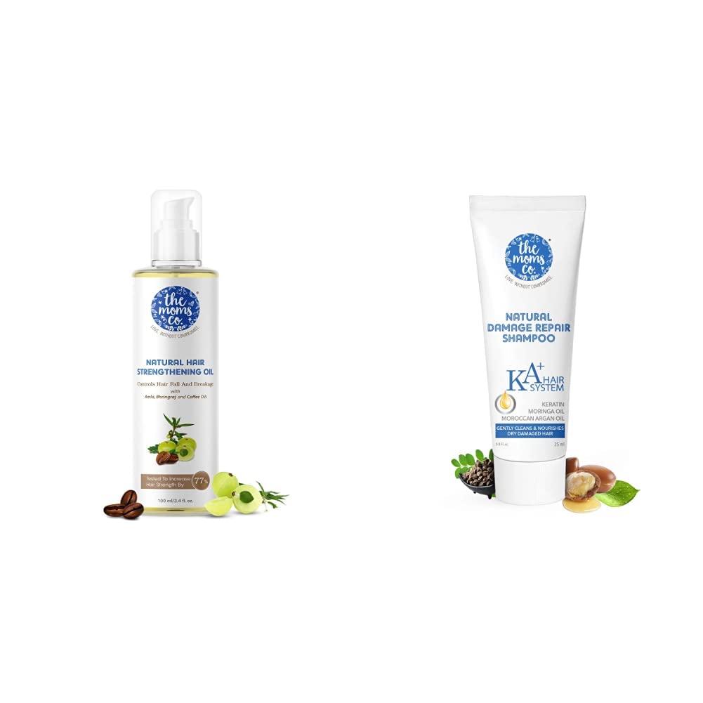 The Moms Co Natural Hair Strengthening Oil (100ml) with Damage Repair K+Shampoo (25ml) -Controls Hairfall With Amla, Bhringraj, Coffee and Tea Tree Oils