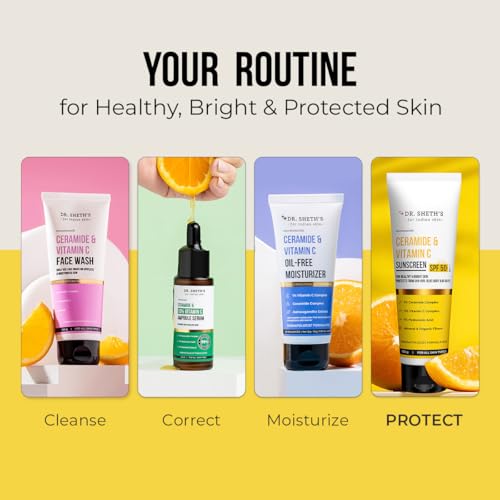 Dr. Sheth's Ceramide & Vitamin C Sunscreen | SPF 50+ Pa+++ | In-Vivo Tested | For Bright Skin & Healthy Glow | Non-Greasy, Quick-Absorbing, No White Cast | UVA/B & Bluelight Protection | For Men & Women | For All Skin Type | 125 g