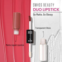Swiss Beauty Duo Lipstick | Matte smudge-proof Liqud Lipstick + Transparent glossy Lipgloss | Transfer -proof and Long lasting | Shade-Kiss Of Pink, 10ml