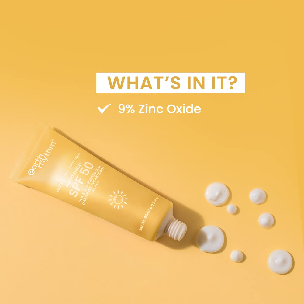 Earth Rhythm Matte Mineral Sunscreen SPF 50 with 9% Zinc Oxide for Daily Use | PA+++, Zero White Cast & Non-Sticky, Matte Finish | Men & Women | - 50ml