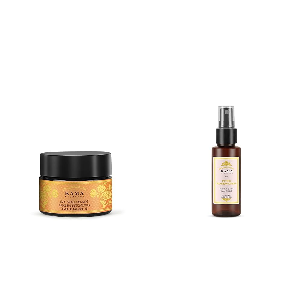 KUMKUMADI BRIGHTENING FACE SCRUB 25G- IN & Kama Ayurveda Pure Rose, Pack of 50ml liquid Combo