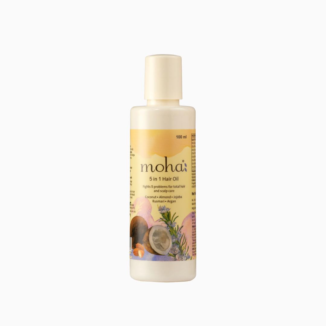 Moha:5 In 1 Hair Oil For Hair Growth & Hair Fall Reduction Coconut Oil, Almond Oil, Rosemary Oil, Wheatgerm Oil, Tea Tree Oil & Sesame Oil, All Hair Type Clinically Proven, 100 Ml