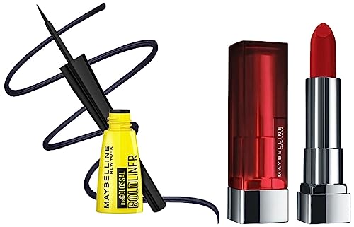 Maybelline New York Colossal Bold Eyeliner, Black, 3G And Maybelline New York Color Sensational Creamy Matte Lipstick, 690 Siren In Scarlet, 3.9G