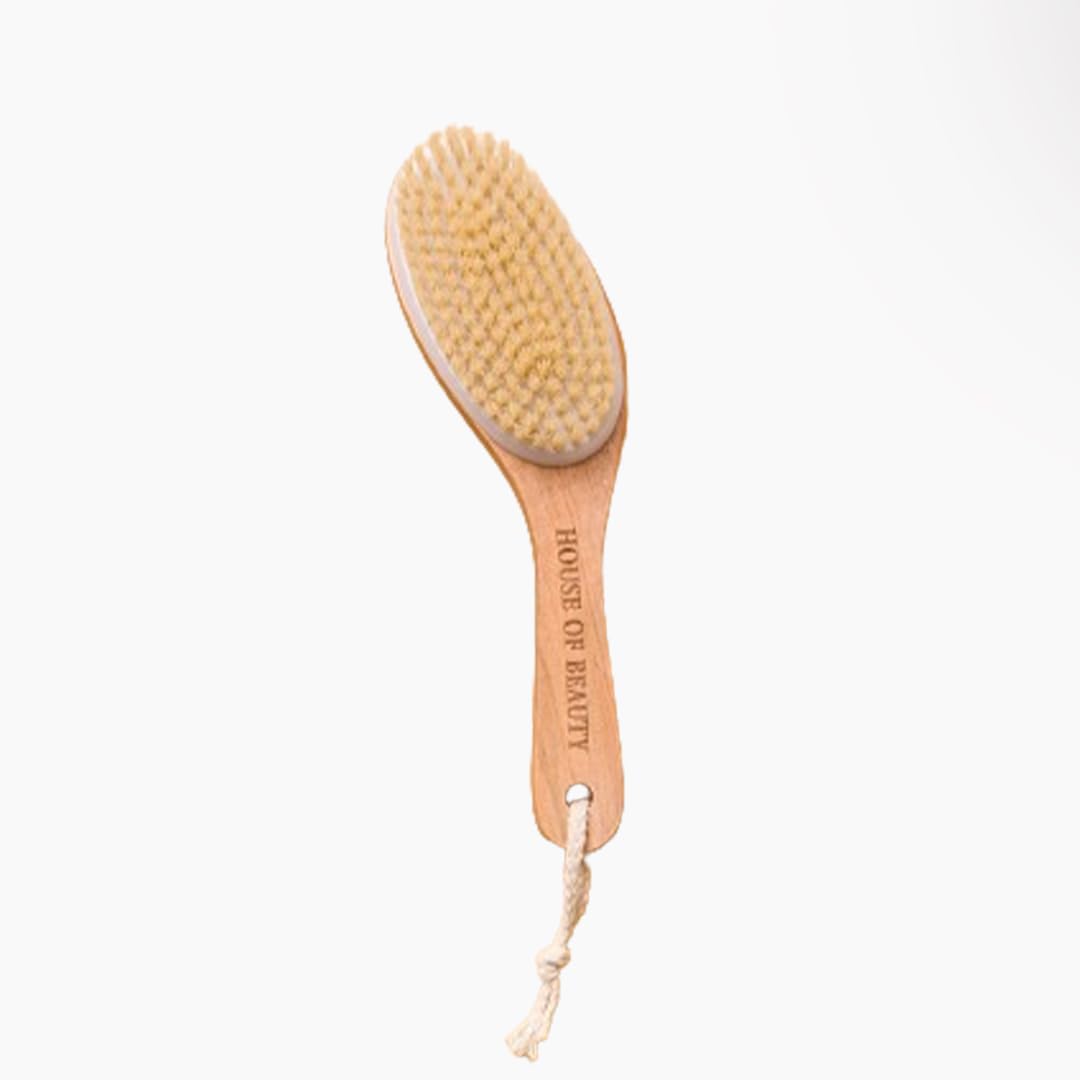 HOUSE OF BEAUTY Wooden Dry Body Brush For Body Massage With Long Handcrafted Handle, Natural Exfoliating, Lymphatic Drainage, Cellulite, Blood Circulation & Dead Skin, Brown - (Pack OF 1)